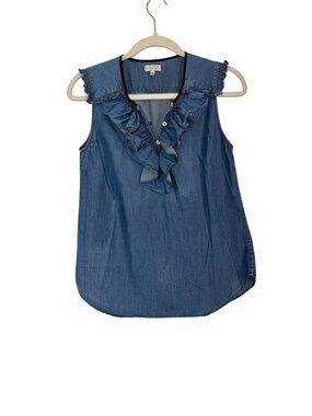 Claudie Pierlot Chambray Ruffle Sleeveless Blouse French Girl Denim Top Size 36